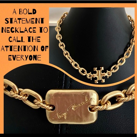 🆕 Tory Burch Authentic Torsade Vintage Brass Gold With T Logo Necklace - Picture 5 of 12